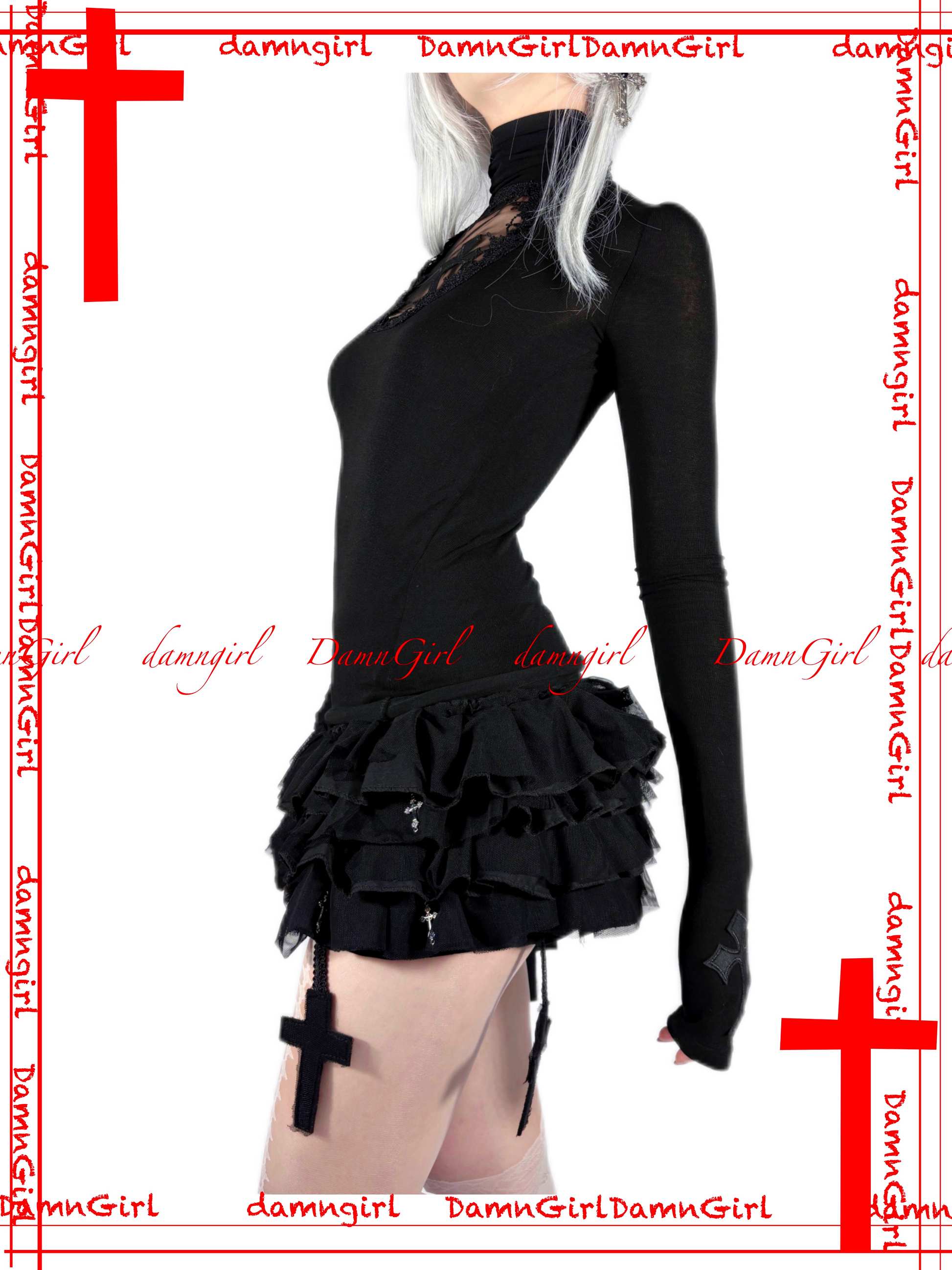 Dark Gothic Cross Skirt with Tiered Ruffle Bloomers-Damn Girl