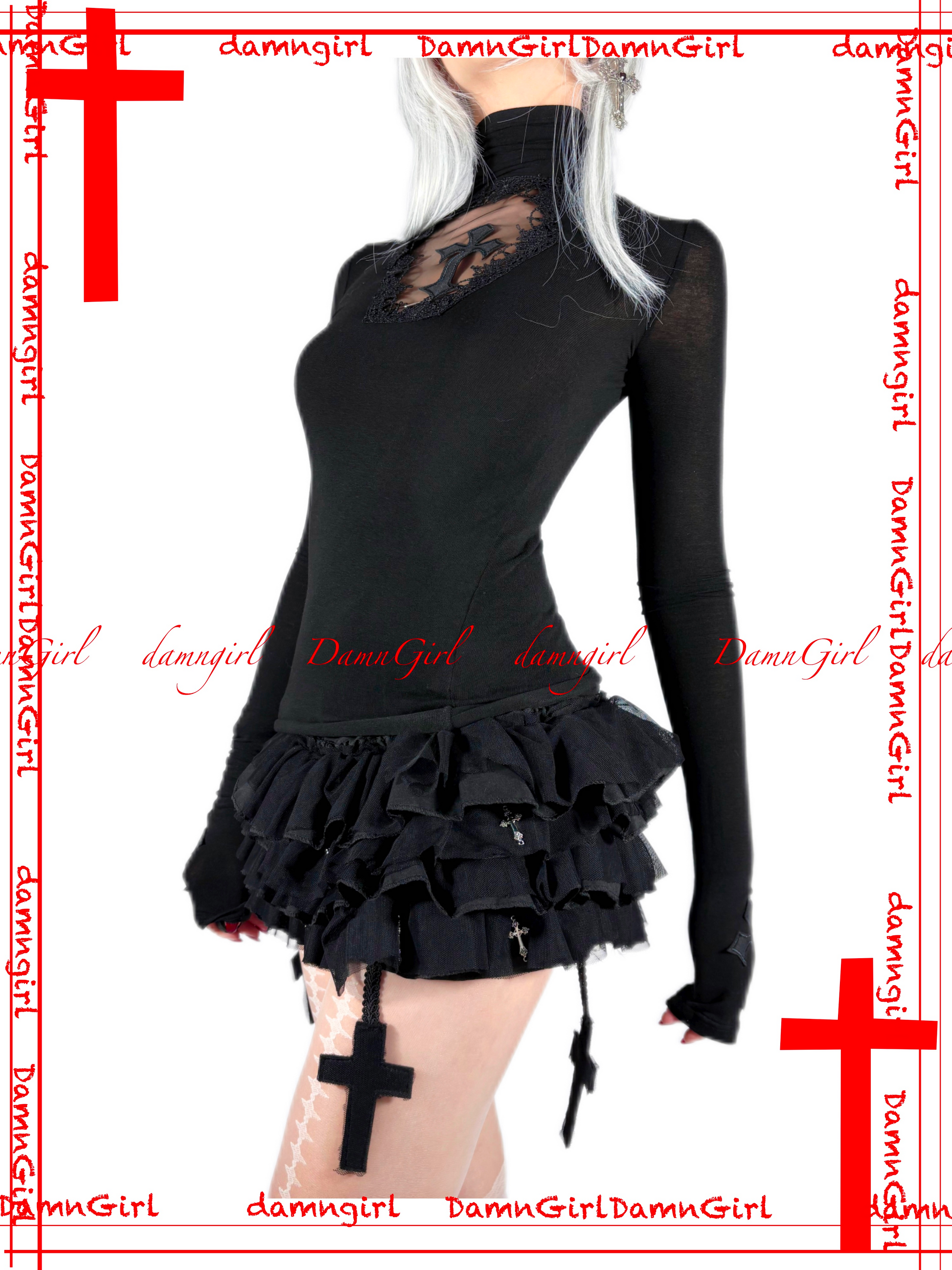 Dark Gothic Cross Skirt with Tiered Ruffle Bloomers-Damn Girl