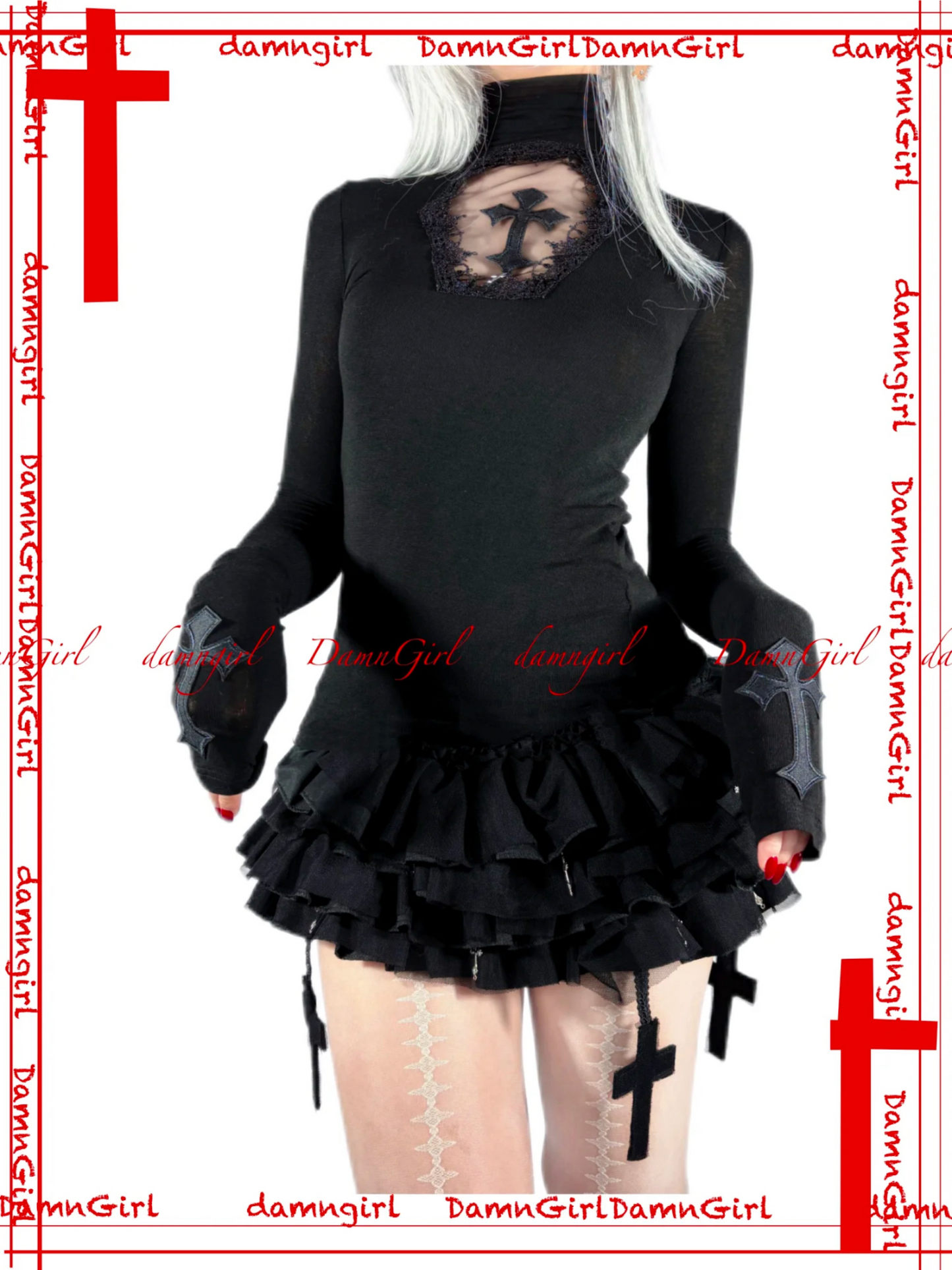 Dark Gothic Cross Skirt with Tiered Ruffle Bloomers-Damn Girl