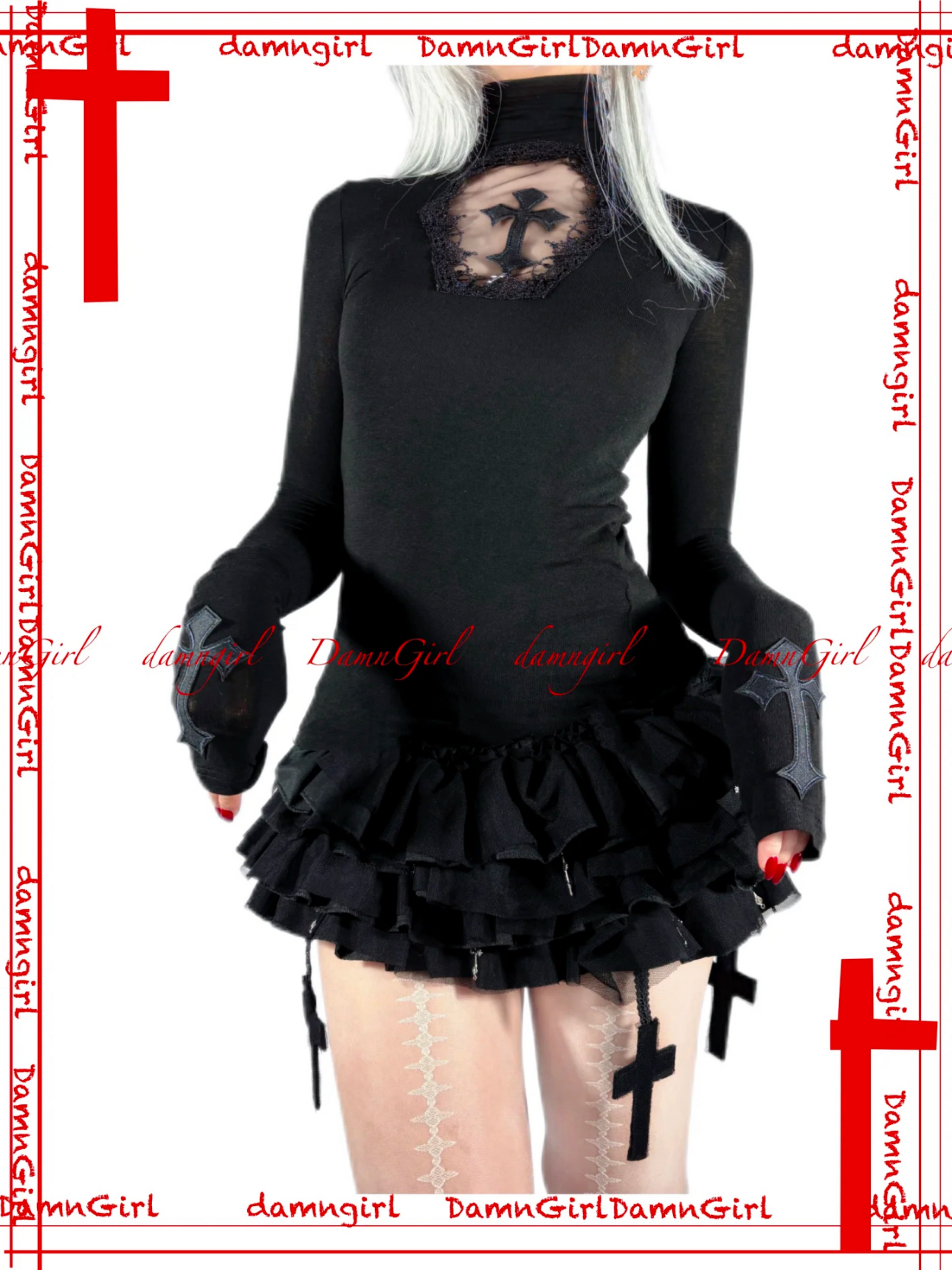 Dark Gothic Cross Skirt with Tiered Ruffle Bloomers-Damn Girl