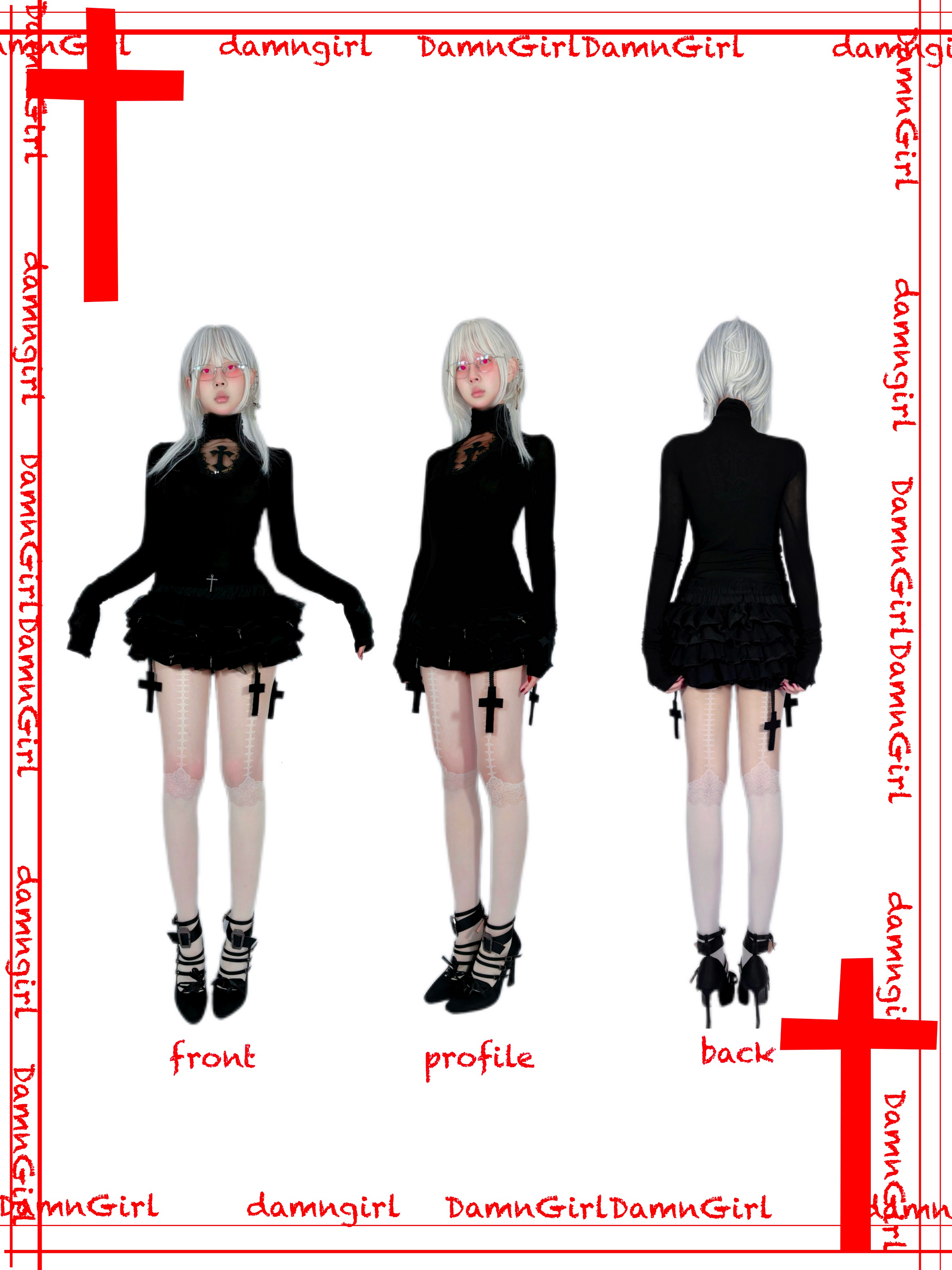 Dark Gothic Cross Skirt with Tiered Ruffle Bloomers-Damn Girl