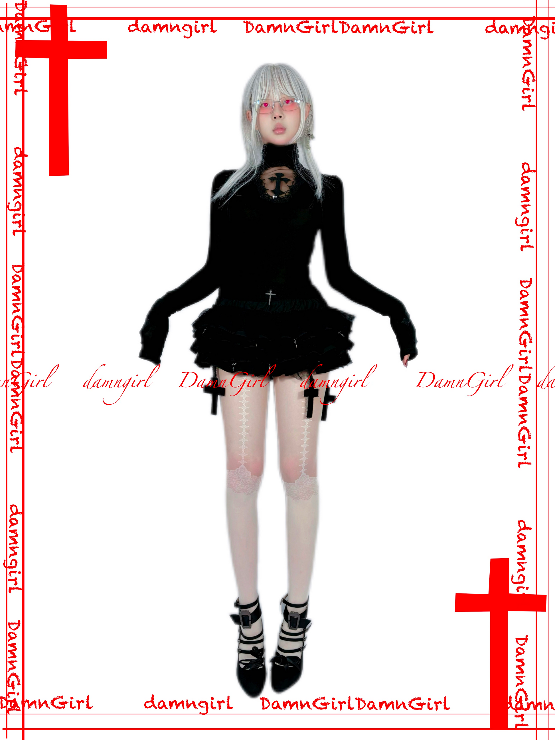Dark Gothic Cross Skirt with Tiered Ruffle Bloomers-Damn Girl