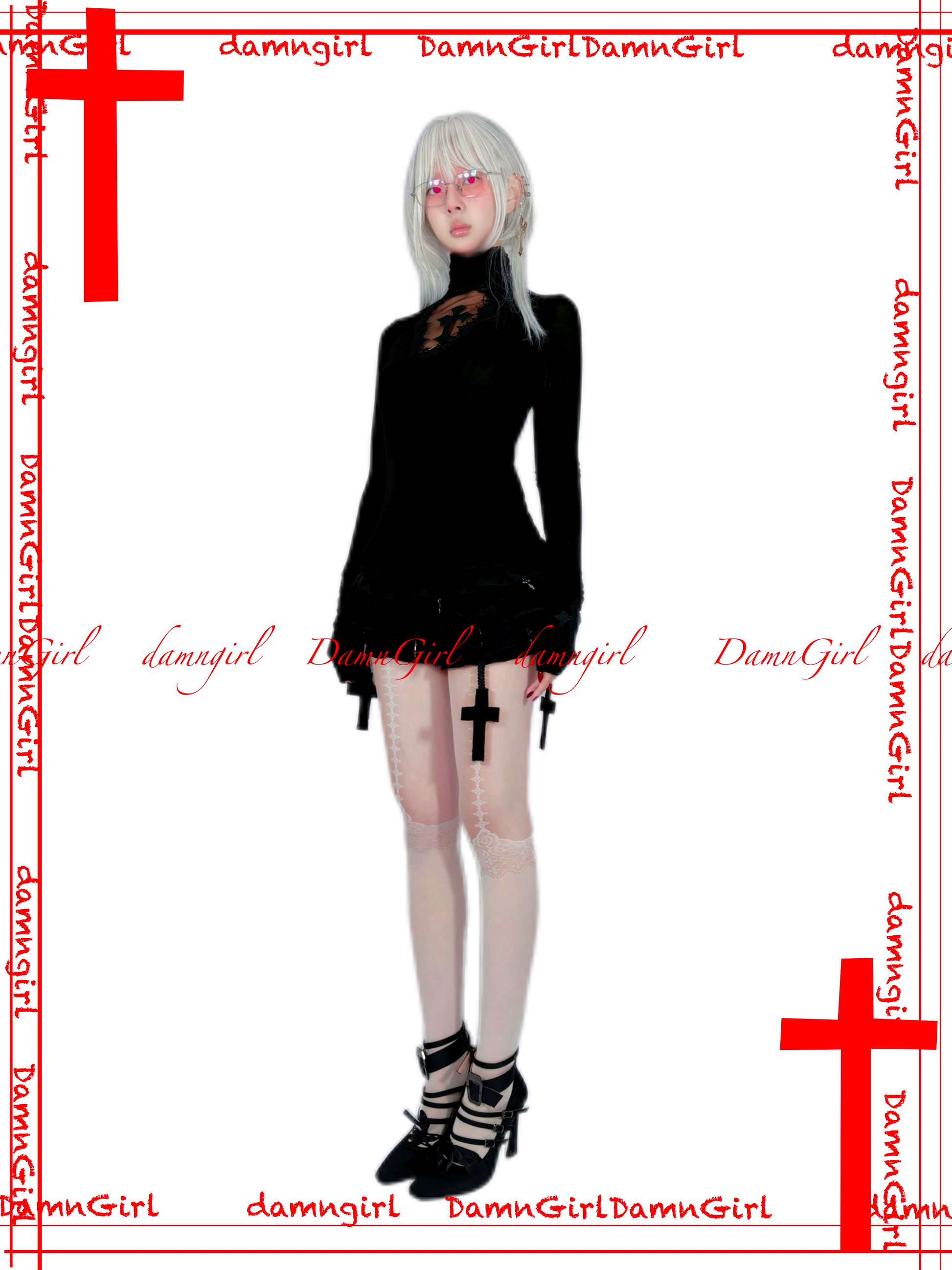 Dark Gothic Cross Skirt with Tiered Ruffle Bloomers-Damn Girl