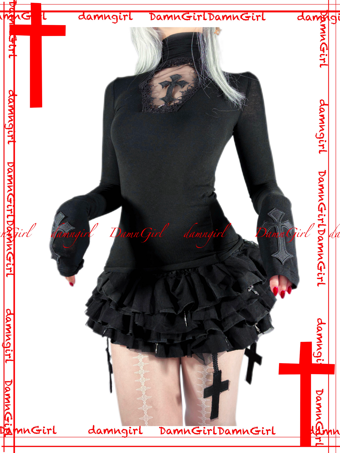 Dark Gothic Cross Skirt with Tiered Ruffle Bloomers-Damn Girl
