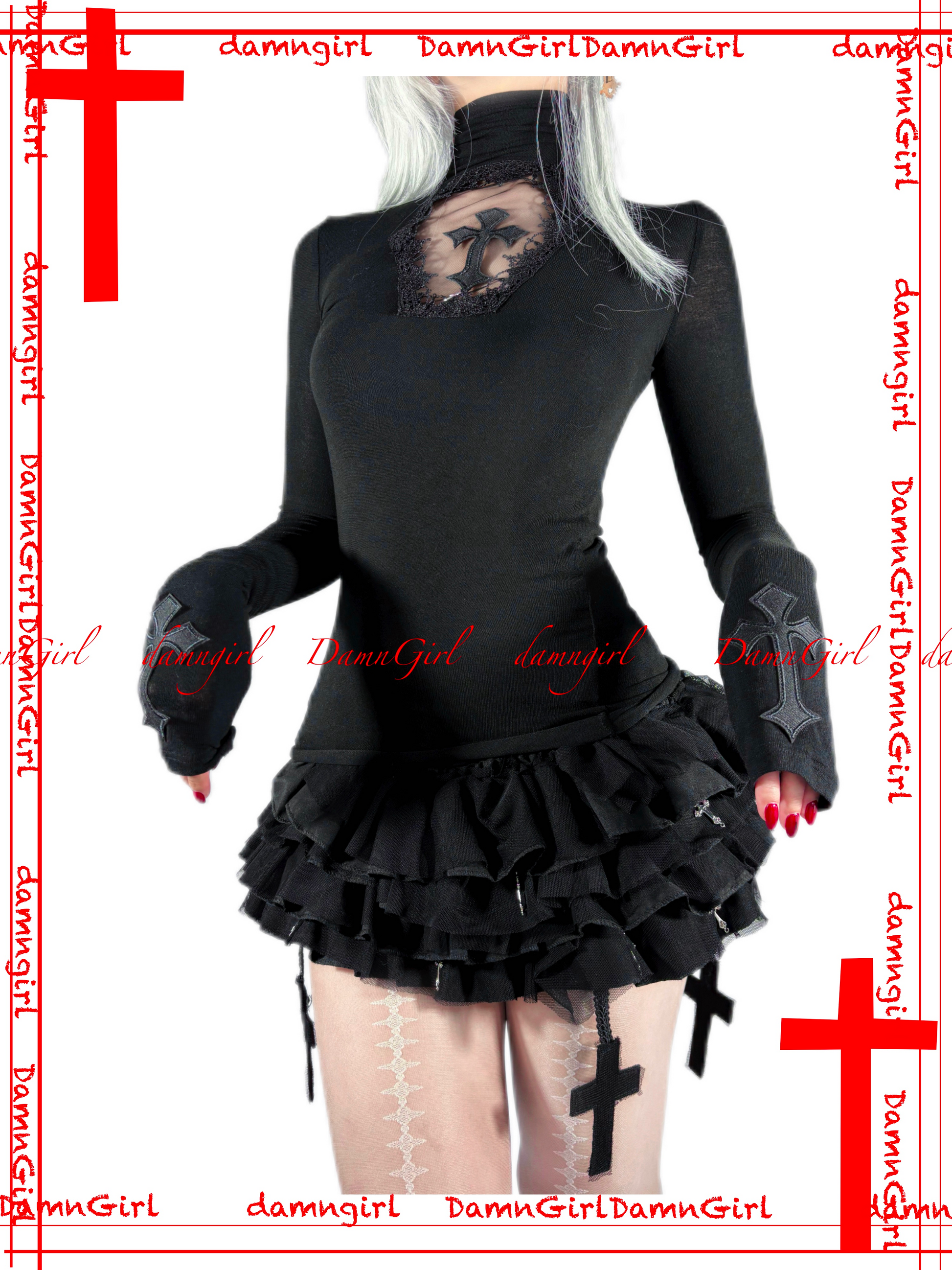 Dark Gothic Cross Skirt with Tiered Ruffle Bloomers-Damn Girl