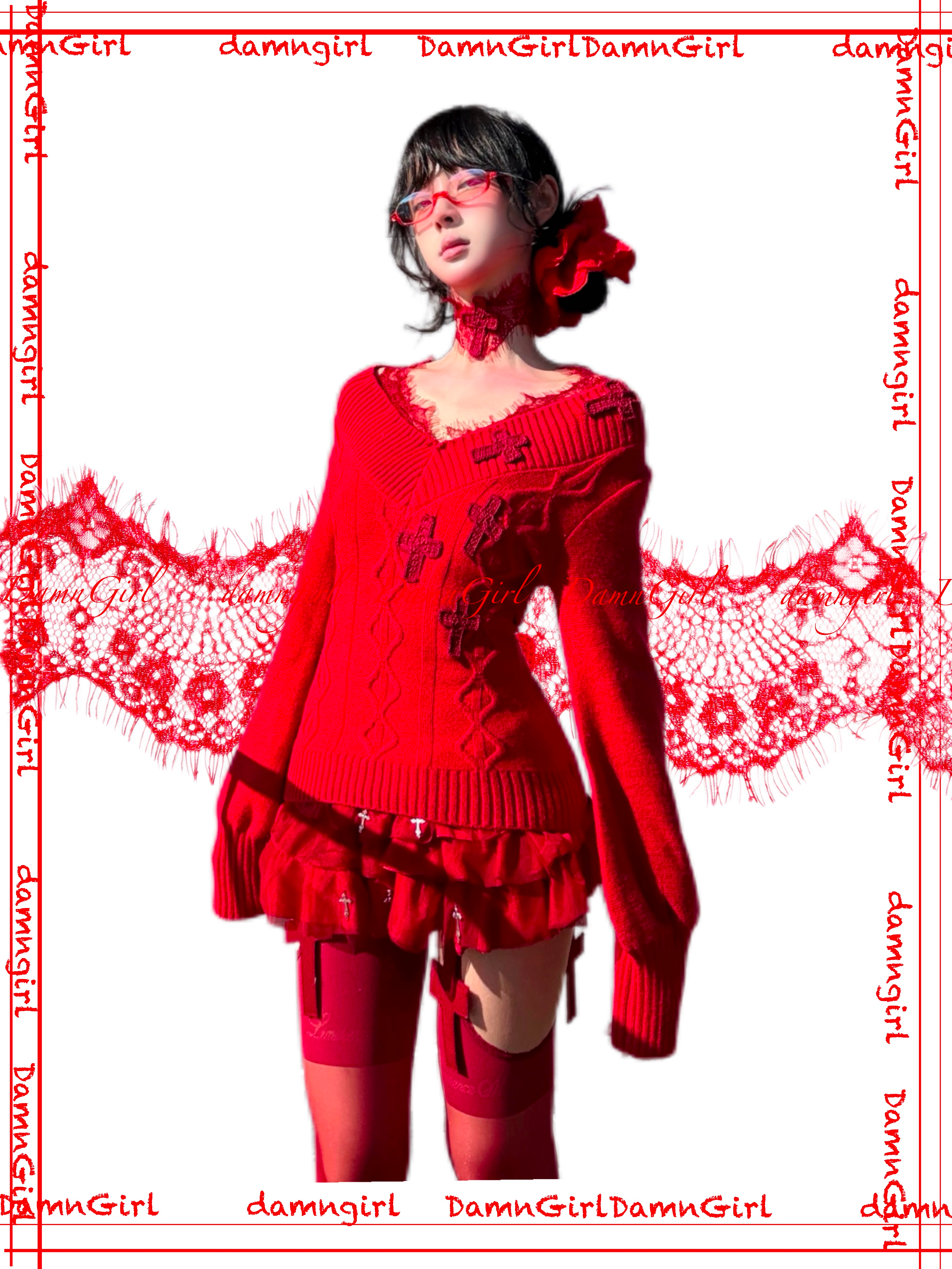 Red Lace Crochet Cross Choker-Damn Girl