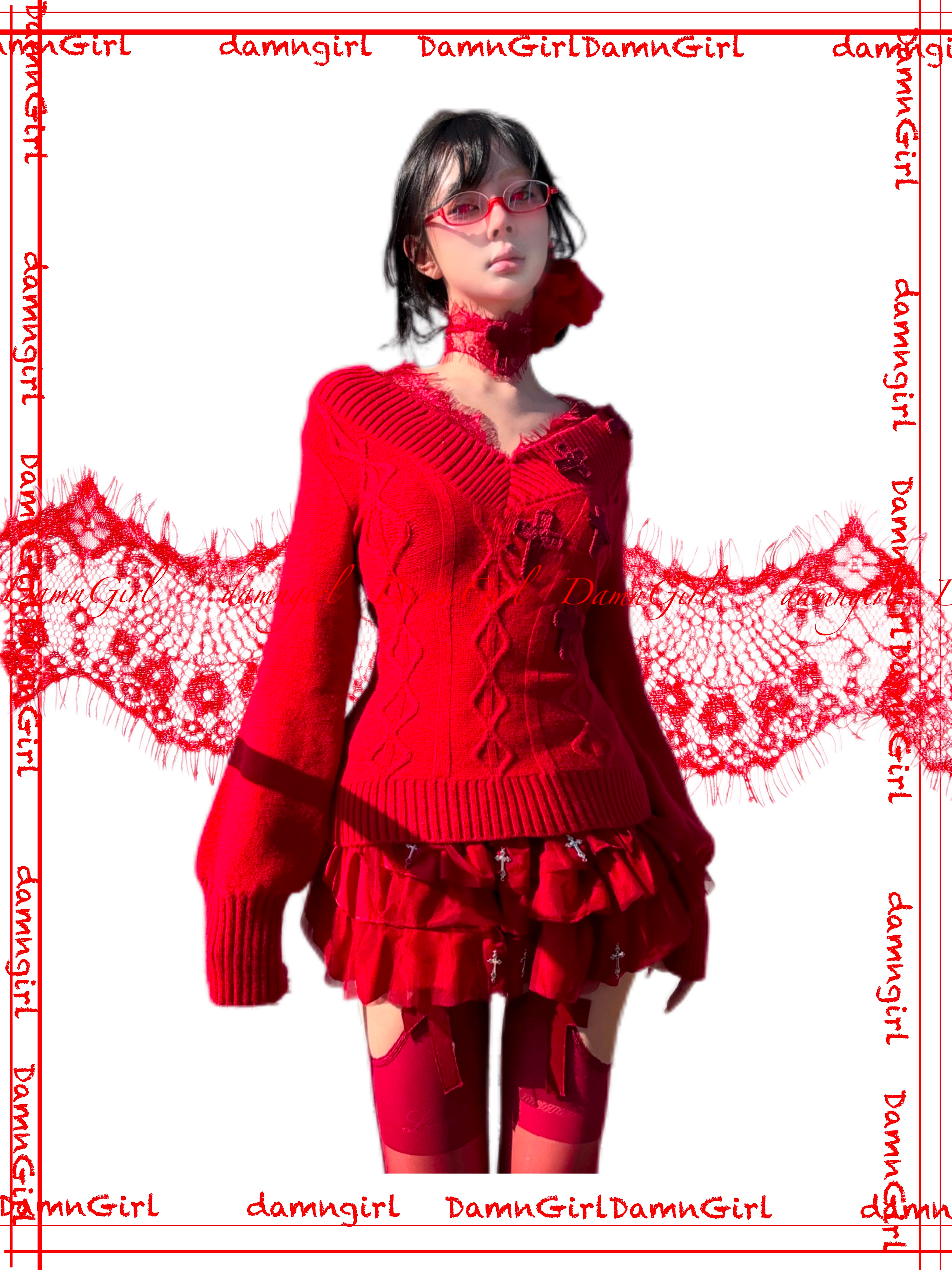 Red Lace Crochet Cross Choker-Damn Girl