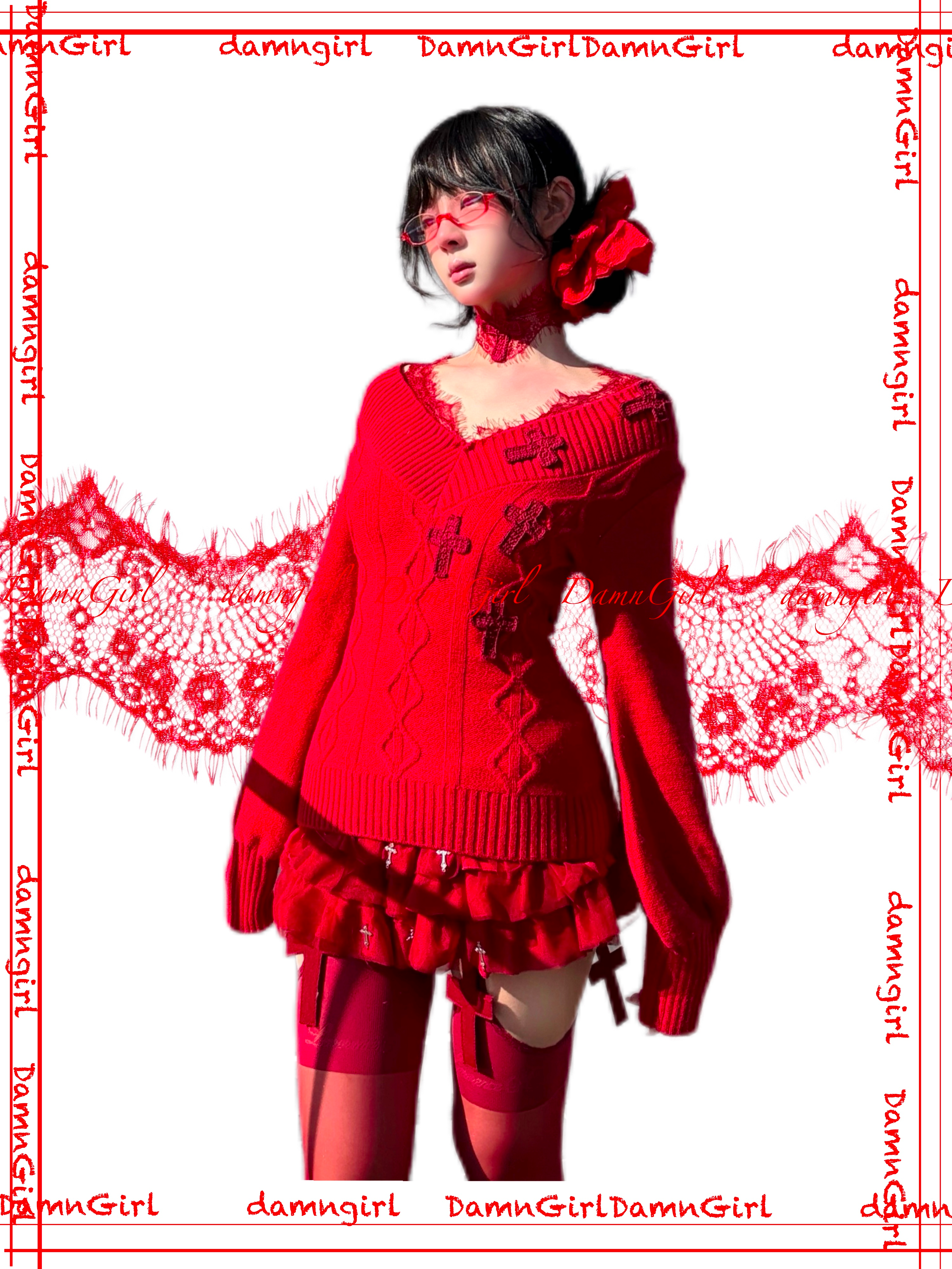 Red Lace Crochet Cross Choker-Damn Girl