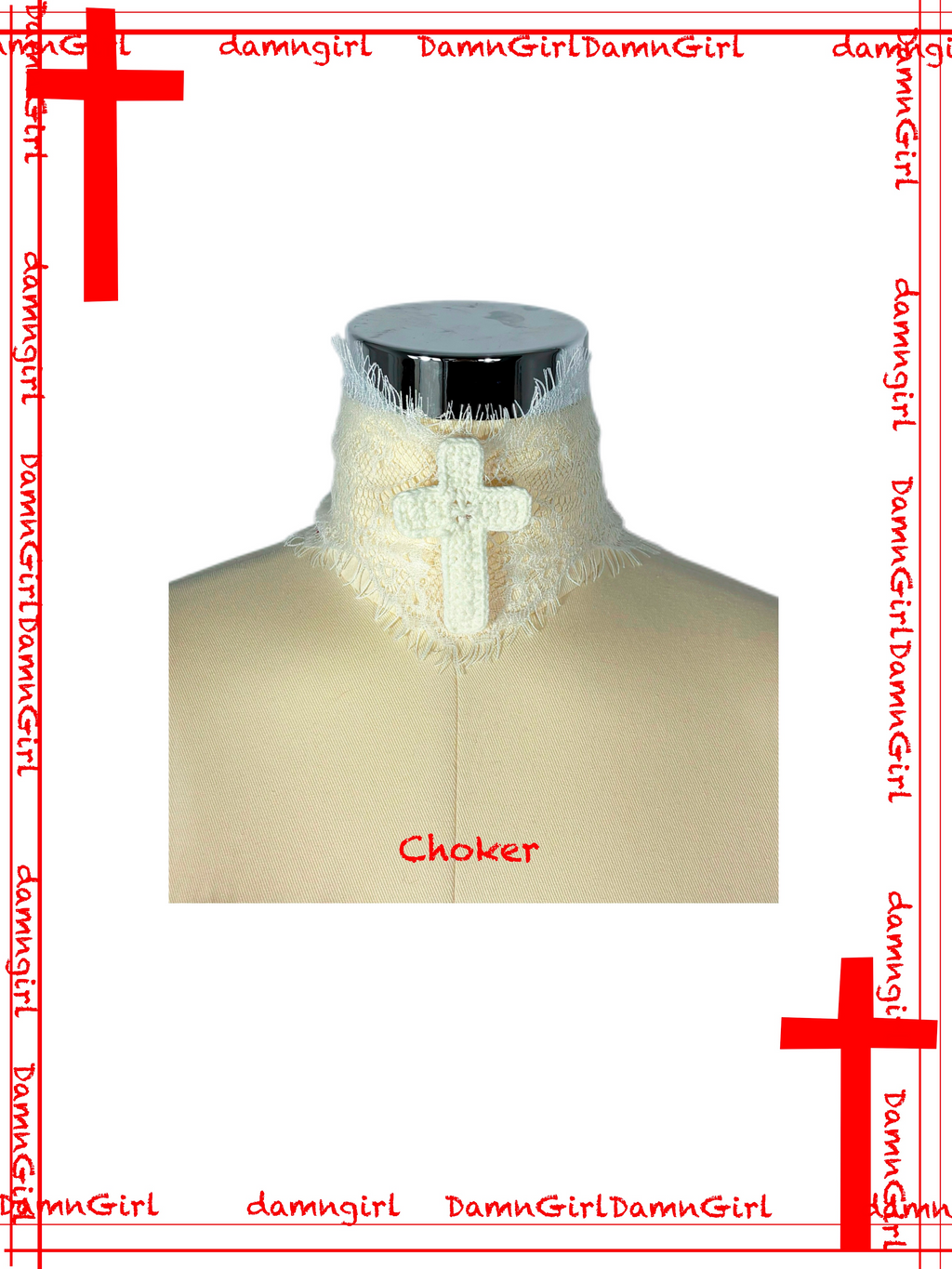 White Lace Crochet Cross choker-Damn Girl