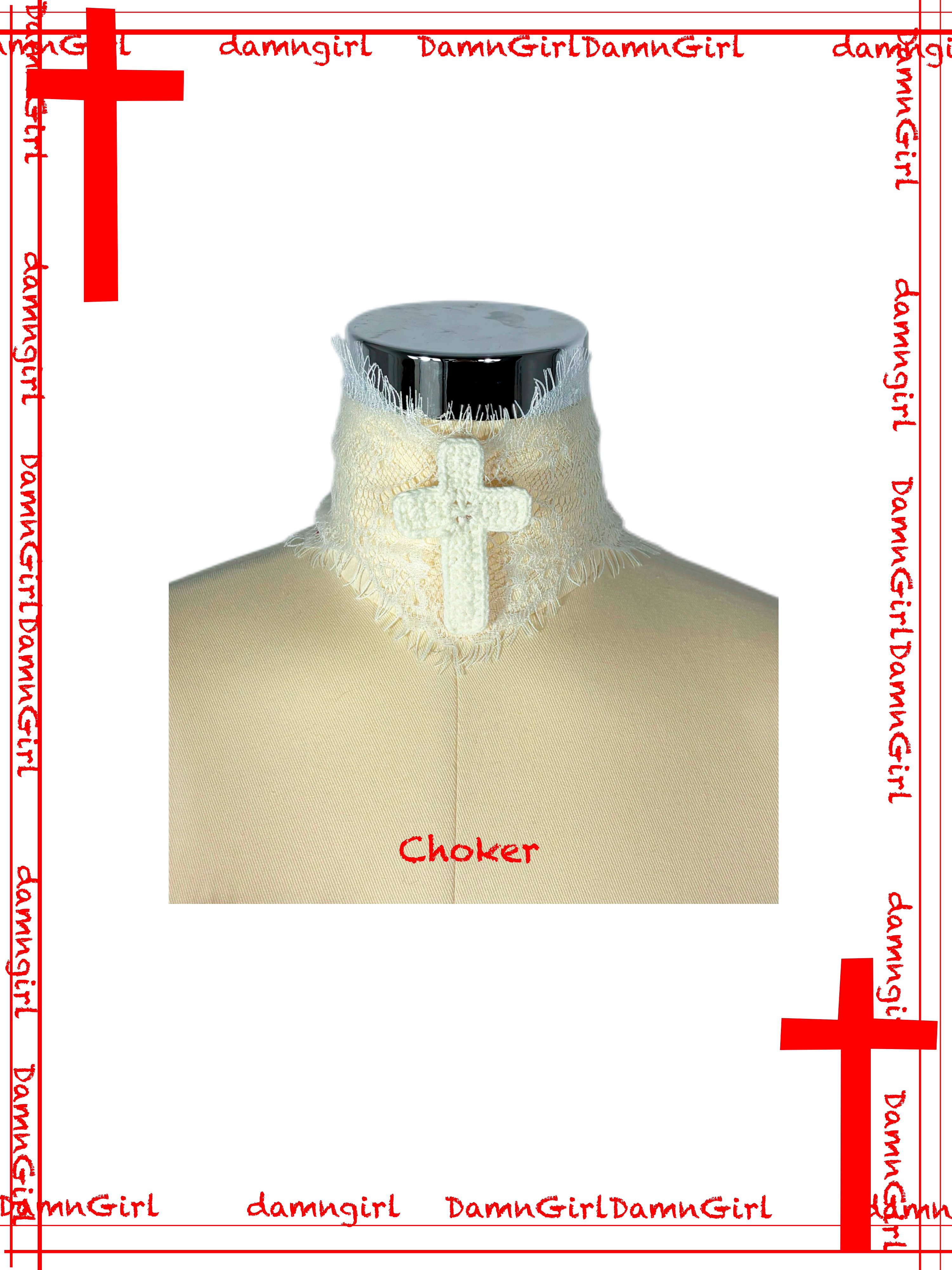 White Lace Crochet Cross choker-Damn Girl